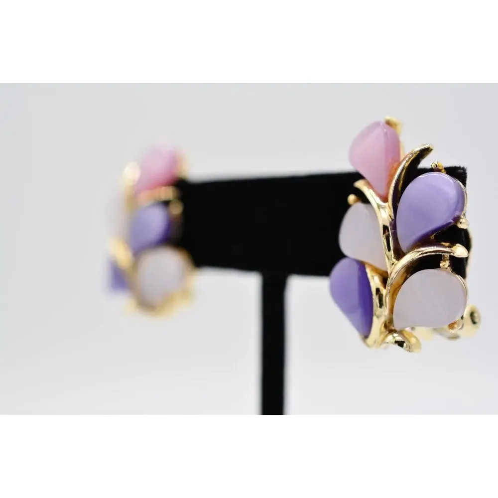 Kramer Vintage Clip On Earrings Purple Pink Lucite Floral Leaf Gold Signed BinAA